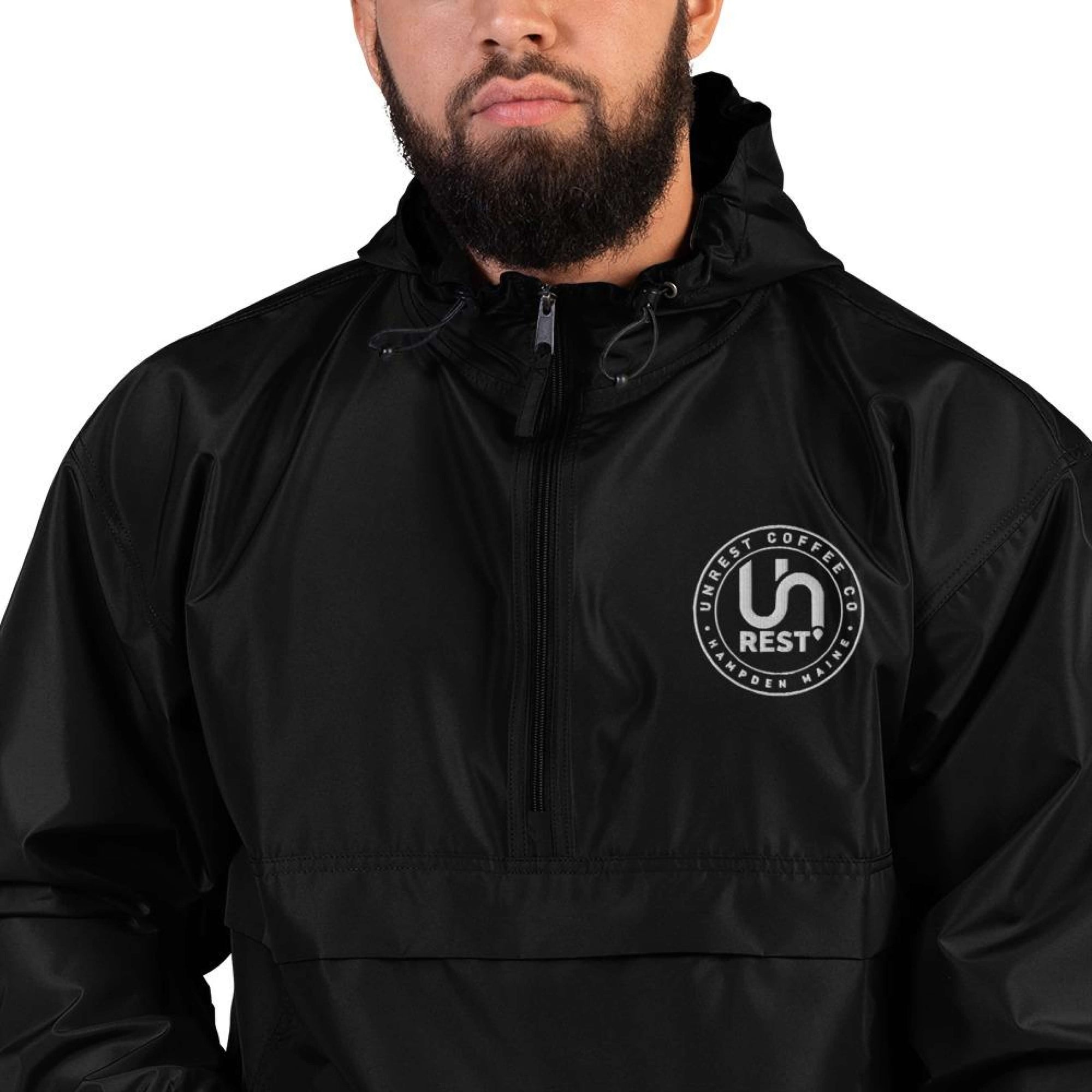 Unrest Coffee Embroidered Champion Jacket Unrest 1 by Unrest Coffee in Hampden Maine