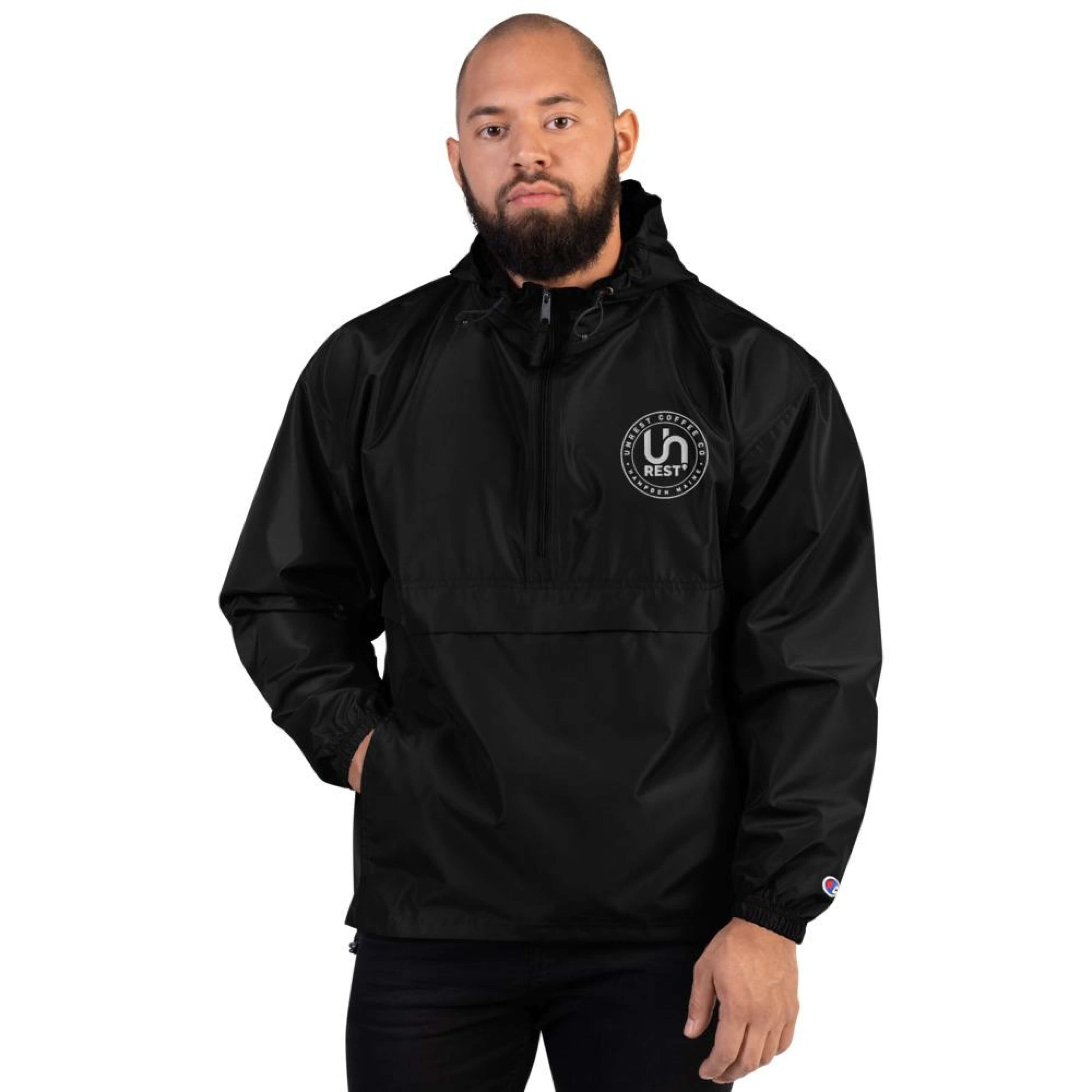 Unrest Coffee Embroidered Champion Jacket Unrest by Unrest Coffee in Hampden Maine